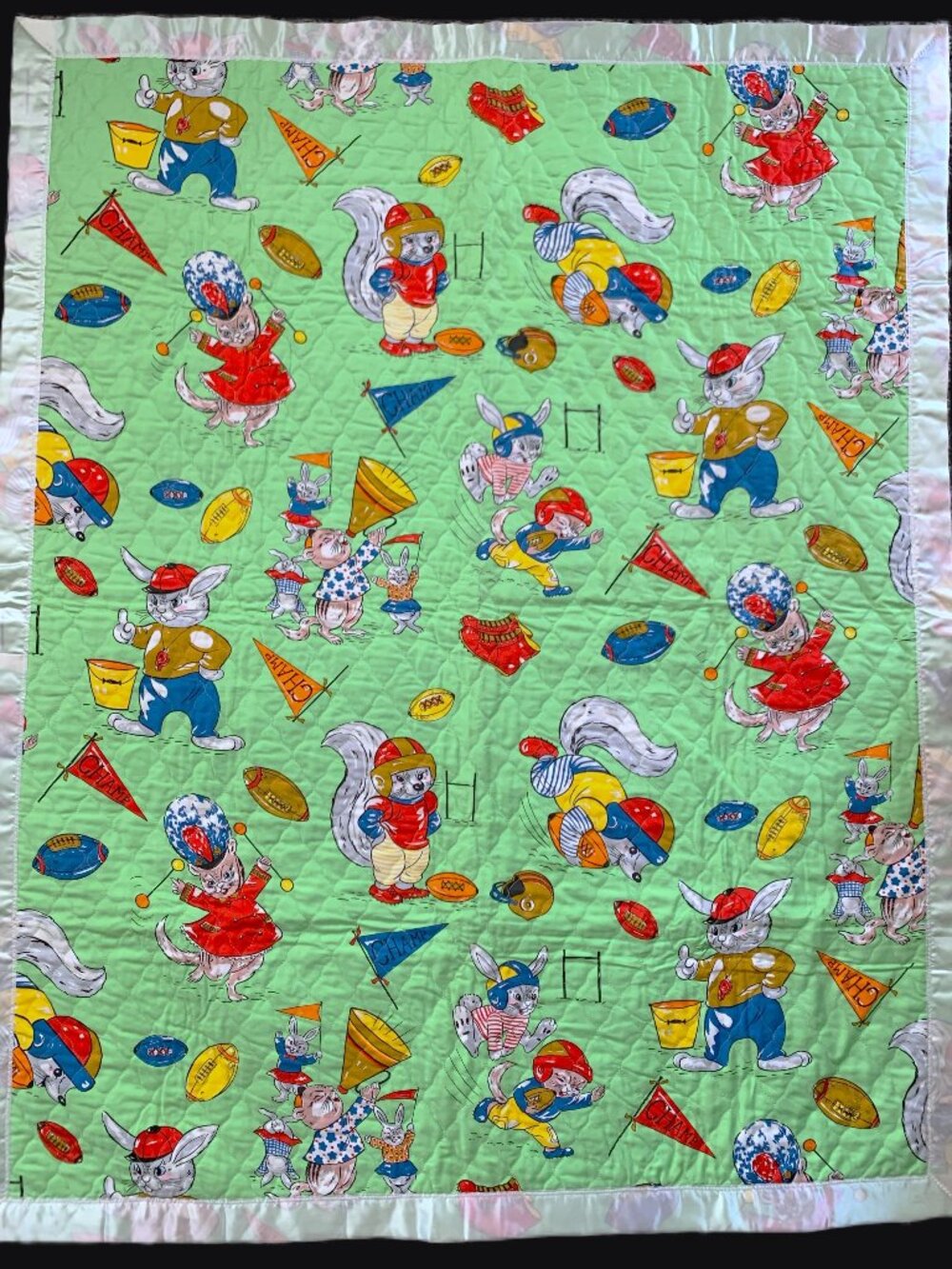 Vintage Quilted Baby Blanket Football Champ Animals Kitsch Retro Nursery NOS 60s